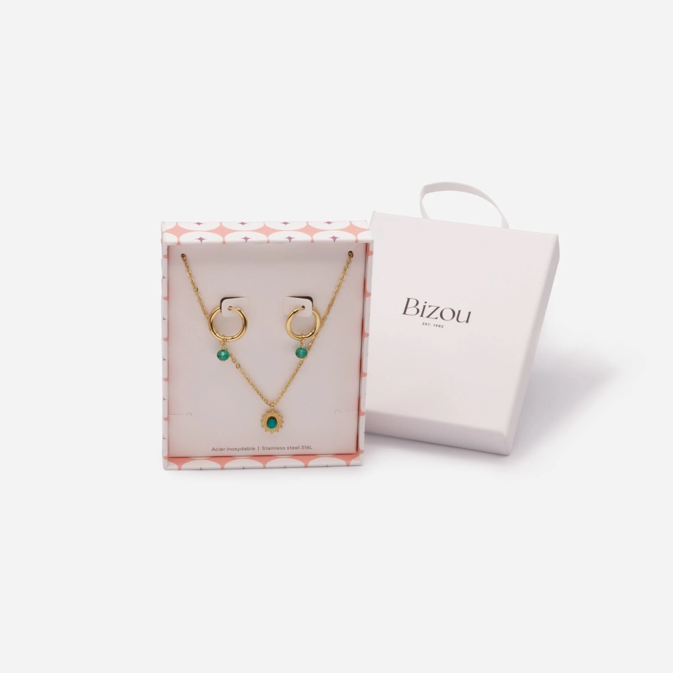 Ensemble collier et boucles d'oreilles anneaux dorés avec pierres vertes en acier inoxydable - Image 5